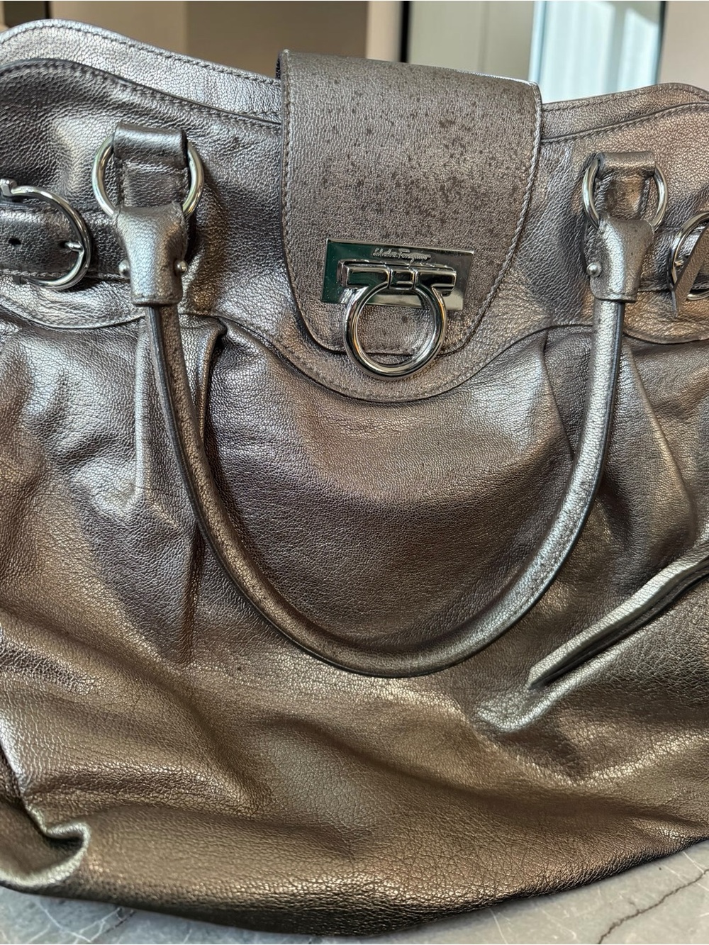 Salvatore Ferragamo Gancini Metallic Pewter Leather Satchel w/COA AS IS Project - Picture 3 of 8